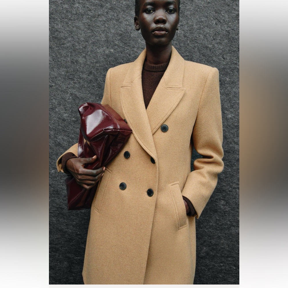 Zara Tan Pea Coat with Double-Breasted Design XS